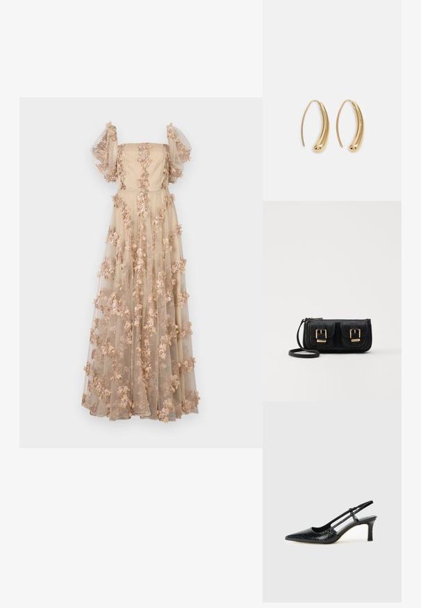Dlhé, bezramienkové šaty z béžového hodvábu s priesvitnými tylovými rukávmi, zdobené výšivkami kvetinových appliqués v odtieňoch ružovej a smotanovej.; Čierne patentové slingback topánky na ihlovom podpätku s špicatou špičkou, s textúrovaným hadím vzorom, nastaviteľným popruhom a krátkym, textúrovaným blokovým podpätkom.; Čierna kožená crossbody taška s dvoma prednými vreckami, zlatými sponami, zipsovým uzatváraním a úzkym popruhom. Štruktúrovaný povrch a kompaktný obdĺžnikový tvar.; Náušnice vo forme zlatých kovových kruhov s zakriveným, predĺženým tvarom. Majú hladký, lesklý povrch a zaoblený koniec pre pridanie detailu.