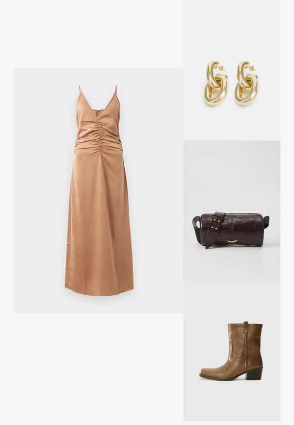 Robe maxi sans manches marron avec un décolleté en V et des détails froncés sur les côtés. Texture lisse avec un motif subtil, tombe jusqu'aux chevilles.; Bottine en cuir marron avec un orteil carré, une finition texturée et un petit talon empilé. Présente une languette à l'arrière et des détails de couture subtils.; Sac en cuir embossé crocodile marron avec une forme cylindrique, quincaillerie dorée et une bandoulière détachable ornée de clous.; Rabanne XL LINK  DOUBLE HOOP EARRINGS - Boucles d'oreilles - gold-coloured