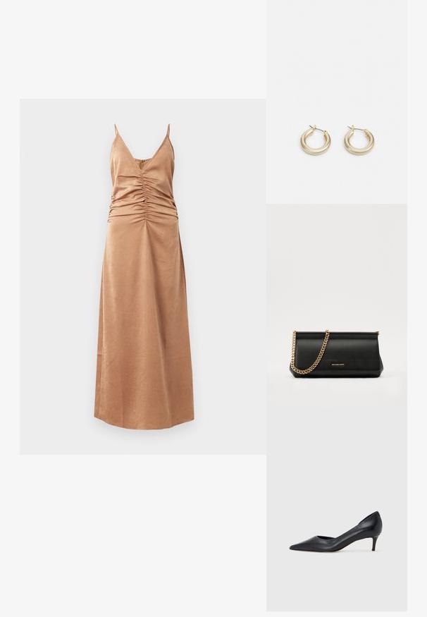 Vestido maxi sin mangas marrón, con escote en v y detalles fruncidos a los lados. Textura suave con un patrón sutil, que llega hasta los tobillos.; Zapato de tacón bajo de cuero negro con punta puntiaguda. Presenta una textura lisa y un brillo sutil. Corte abierto en la parte frontal para un detalle adicional.; Cartera de mano de piel negra con una correa de cadena dorada, que presenta una textura suave, forma rectangular y un logotipo en relieve en la parte frontal.; Lauren Ralph Lauren BASIC SMALL HOOP - Pendientes - gold-coloured