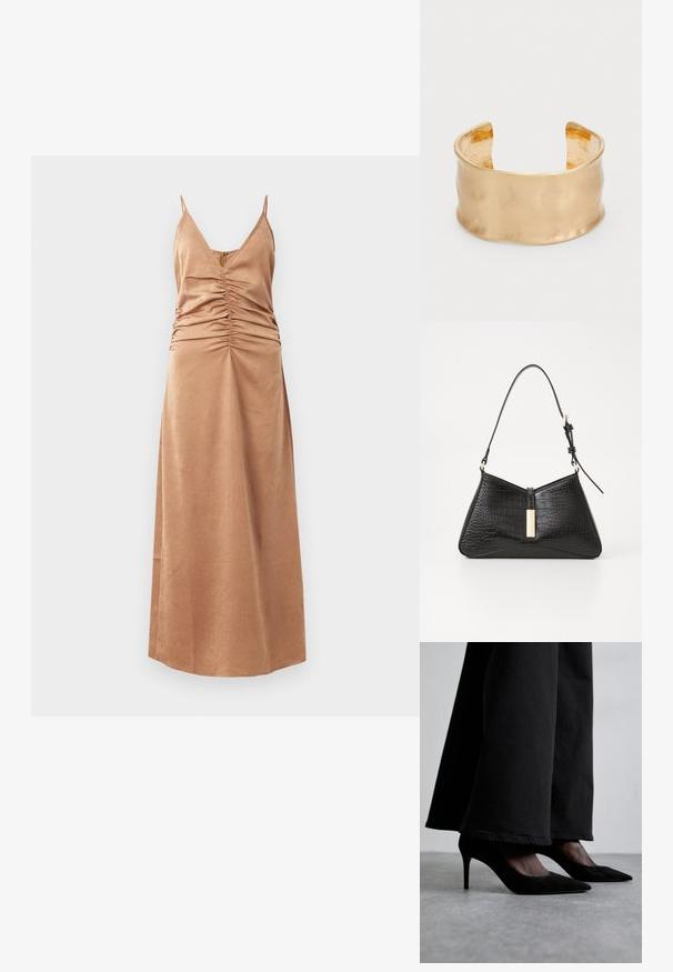 Brūns, bez piedurknēm maxi kleita ar V veida kakla izgriezumu un savilktām detaļām pa malām. Gluda tekstūra ar smalku rakstu, kritušas līdz potītēm.; Melni zamšas augstpapēžu apavi ar norādītiem pirkstiem, valkāti ar melniem platajiem biksēm, izceļas ar elegantu dizainu un maigu spīdumu.; Melnā soma no mākslīga krokodila ādas ar trīsstūra formu, šaura plecu siksna un zelta toņa aksesuārs centrā.; Zeltainā tonī apvalks ar gludu, viļņotu virsmu, kuram ir tekstūrēta iekšpuse un atvērta konstrukcija, radot organisku formu.