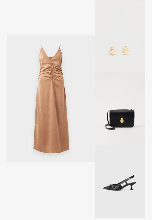 Brown, sleeveless maxi dress with a v-neckline and gathered detailing along the sides. Smooth texture with subtle pattern, falls to the ankles.; Black leather slingback shoe with a pointed toe, decorative straps featuring metal eyelets, and a low block heel. Textured surface.; Black leather handbag with a structured rectangular shape. Features a golden oval clasp and a thin shoulder strap. Smooth texture.; Gold-tone stud earrings featuring a Saturn design with a textured band and embedded circular crystals for added sparkle.