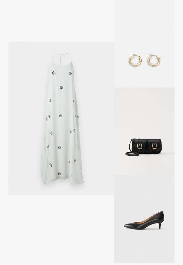 Balta maksi kleita ar halter kakla auklu, ar sudraba ziedu rotājumiem visā kleitā. Plūstošs, viegls audums rada maigu tekstūru.; Melnas ādas augstpapēžu kurpes ar pīlādžu purngalu, zemu papēdi un gludu virsmu. Raksturīga neliela atvere priekšā un minimāls aprīkojums aizmugurē.; Melnas ādas crossbody soma ar divām priekšējām kabatām, zelta sprādzēm, ar rāvējslēdzēju aizdari un šauru siksnu. Strukturēta virsma un kompakta taisnstūra forma.; Lauren Ralph Lauren BASIC SMALL HOOP - Auskari - gold-coloured