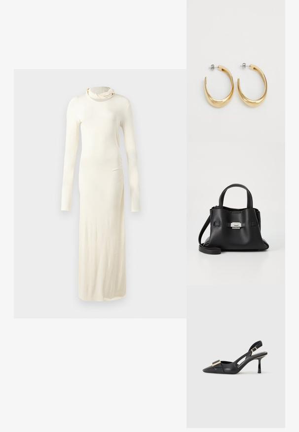 Langærmet, cremefarvet kjole lavet af blødt stof. Har en høj krave og en tætsiddende silhuet med detalje af stræk på siden.; Sort læder slingback sko med spids tå, slank hæl og guldfarvet hardware detalje på forfoden. Glat tekstur og struktureret design.; Sort læderhåndtaske med en tekstureret overflade, der har to bærehåndtag, en aftagelig skulderrem og en detalje med sølvspænde.; Guldfarvede hoop øreringe med et glat, buet design. Fremstillet af metal, med en elegant overflade og post-back lukning.