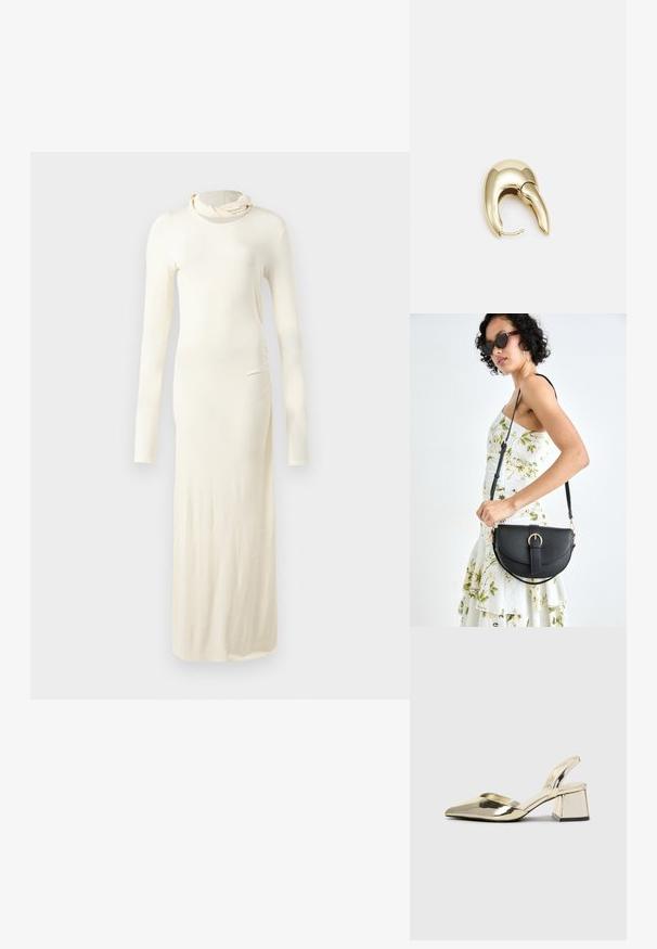 Pikkade varrukatega koorvalge kleit, mis on valmistatud pehmest kangast. Omab kõrget kaelust ja figuuri järgivat siluetti, millel on külgedel rütmi detail.; Kuldne, metallilised slingback-kudumid terava varba ja paksu kontsaga. Sile tekstuur, minimalistlik disain ja kitsas rihm.; Mustmust mustraha kõverate joontega, eemaldatava rihmaga ja kuldsete detailidega. Kotil on klapp, millel on pandladetail.; Kuldtooni metallist kõrvarõngas, millel on elegantne ja kaarjas disain. Omab silmapaistvat teravat kuju, poleeritud pinda ja hingesulgemist.