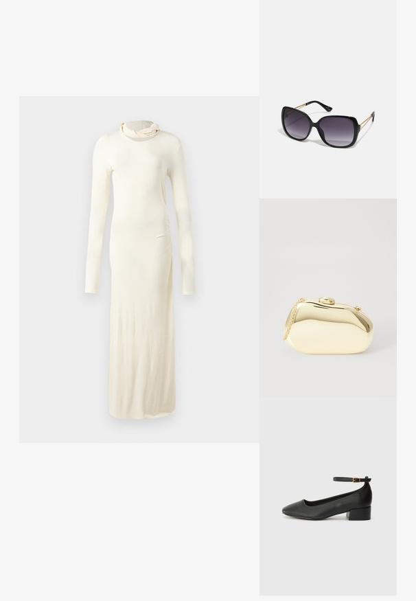 Garā piedurkņu, krēmkrāsas kleita, izgatavota no mīksta auduma. Iezīmē augstu kakla izgriezumu un pieguļošu siluetu ar sānu rušēšanas detaļām.; Melnas ādas sūkņi ar smailu purngalu un zemu bloku papēdi. Iezīmēts ar potītes siksniņu ar zelta krāsas sprādzi. Gluda tekstūra.; Melni pārmērīgi lieli saulesbrilles ar gradāciju lēcām, biezām rāmja malām un zeltainas krāsas ķēžu detaļām uz tempļiem.; Metāliska zelta maciņš ar gludu, noapaļotu formu, aprīkots ar augšējo pogu aizdari un mazu ķēdes siksniņu ērtai nēsāšanai.