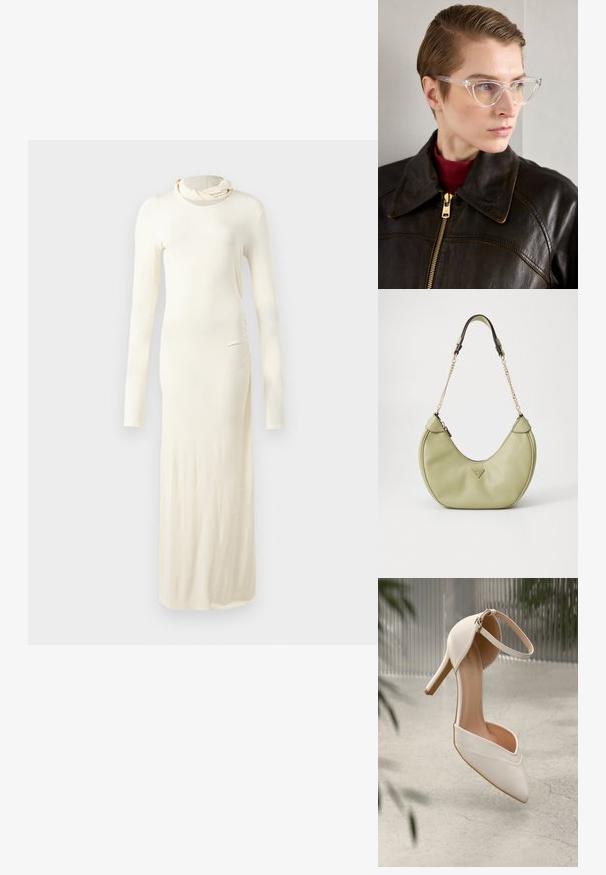 Sukienka z długim rękawem w kremowym kolorze, wykonana z miękkiego materiału. Posiada wysoki dekolt oraz dopasowaną sylwetkę z detalami marszczenia po bokach.; Białe buty na wysokim obcasie z gładkiego materiału, z wypłaszczonym noskiem i paskiem na kostkę. Wnętrze w jasnym odcieniu brązu, z akcentami w kolorze złotym.; Przezroczyste okulary w kocim kształcie z żółtymi szkłami, noszone przez osobę w ciemnej skórzanej kurtce i czerwonym golfie. Gładka tekstura.; Zielona skórzana torebka o charakterystycznym, zakrzywionym kształcie, z złotym akcentem z logo, zamknięciem na zamek błyskawiczny oraz łańcuszkowym paskiem. Szczegóły teksturze na powierzchni.