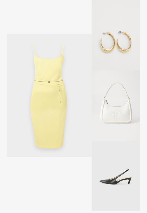 Rochie midi galbenă, cu bretele subțiri, formă ajustată și un brâu din lanț care accentuează talia. Textură netedă, design minimalist.; Pantof cu toc mic, cu vârf ascuțit și slingback, realizat din piele netedă, având un design decupat pe lateral pentru respirabilitate.; Geantă de umăr din piele albă cu formă curbată, având un logo "CK" embosat pe partea din față și un singur braț de umăr. Închidere cu fermoar în partea de sus.; Cercei cercei de tip hoop de culoare aurie, cu un design neted și curbat. Fabricate din metal, având un finisaj elegant și închidere cu tijă.