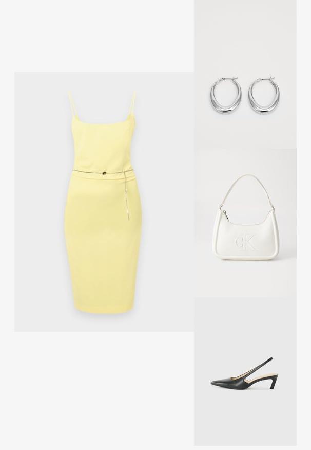 Gul midi-kjole med tynne stropper, en tettsittende form og et kjede-belte som fremhever midjen. Glatt tekstur, minimalistisk design.; Svart spiss tå slingback-sko med lav hæl, laget av jevnt skinnmateriale og med utskåret design på siden for pusteevne.; Hvit lærveske med en buet fasong, med et preget "CK"-logo på forsiden og en enkel skulderstropp. Glidelåslukking på toppen.; Et par polerte sølv halvmåne hoop øredobber med hengselspenner på hvit bakgrunn.