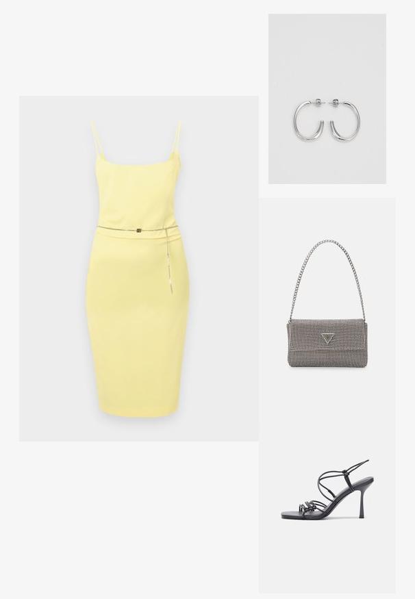 Keltainen midi-mekko, jossa on ohuet olkaimet, muotoiltu leikkaus ja ketjuhihna, joka korostaa vyötäröä. Sujuva rakenne, minimalistinen muotoilu.; Mustat korkokengät sandaalit, joissa on ohuet hihnat solmittuna, sileä neliön muotoinen varvasosa ja tyylikäs stiletto-korko.; Vaalea harmaa metallinen käsilaukku, jossa on ketjusanka. Laukku on koristeltu pienillä pyöreillä metallikoruilla ja kolmion muotoisella brändilogolla.; Hopehopeet hopehopeet hopehopeet hopehopeet, jolla on sileä, kiiltävä pinta. Pyöreä muoto, kevyt rakenne, jossa on neulakiinnitys.