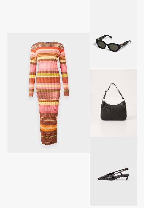 Kötött midi ruha hosszú ujjakkal, vízszintes csíkokkal a barna, rózsaszín és sárga árnyalataiban. Egyenletes bordás textúrával.; Fekete bőr, hegyes orrú, slingback cipő krokodilmintázattal, kis rakott sarokkal és állítható pánttal, fémes csattal.; Tommy Hilfiger Napszemüvegek - black; Fekete bőrtáska ívelt formával, egyetlen pánttal, cipzáras záródással és diszkrét logóval az elején. Simább textúra, minimalista dizájn.