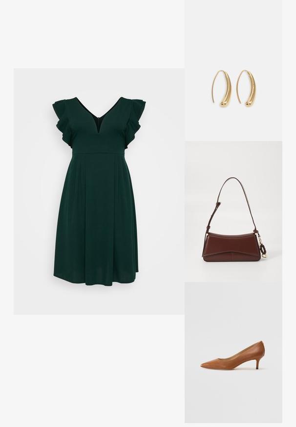 Zelena haljina do koljena izrađena od mekog materijala, s V-izrezom, volanastim kratkim rukavima i plisiranom suknjom. Jednostavan i elegantan dizajn.; Lauren Ralph Lauren ADRIENNE - Klasične cipele s visokom petom - deep saddle tan; Smeđa kožna torba s zakrivljenim siluetom, jednim remenom i zlatnim hardverom. Ima pleteni detalj i glatku, mat teksturu.; Zlatne metalne naušnice u obliku obruča s zakrivljenim, izduženim oblikom. Imaju glatku, sjajnu površinu i zaobljeni vrh za dodatni detalj.