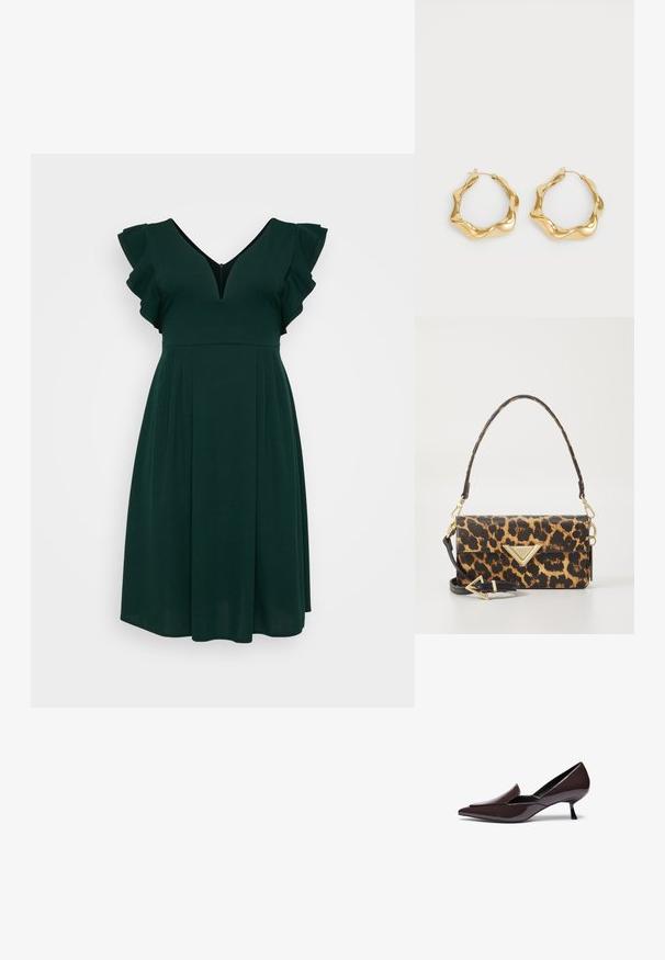 Zaļš ceļgala garuma kleita no mīksta auduma, ar V veida izgriezumu, volāniem īsām piedurknēm un plisētu svārku. Vienkāršs un elegants dizains.; Kārtīga pirksta apavi tumši brūnā lakotā ādā ar zemu stiletto papēdi un elegantu siluetu, ar nedaudz paaugstinātu virsu.; Lopbarodu raksta rokassomu ar tekstūrētu mākslīgo ādu, kas ir aprīkota ar zelta toņu trīsstūra akcentu un noņemamu plecu siksnu.; Zelta riņķa auskari ar viļņotu, teksturētu dizainu. Iekļauj plānu vadu aizdari un pulētu, atstarojošu virsmu.