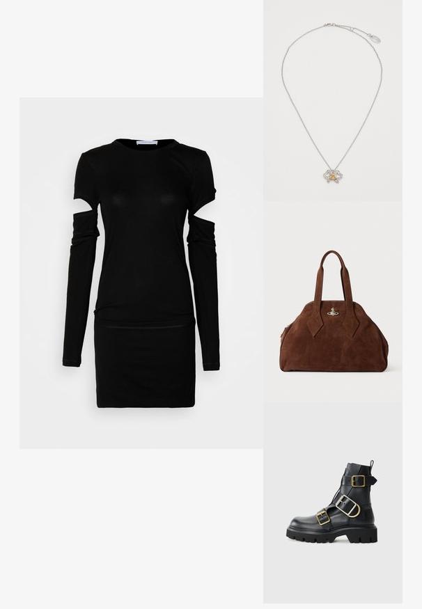 Helmut Lang SLASH DRESS - Dzsörzéruha - black; Fekete bőr bokacsizma vastag talppal, több pánttal és arany színű kiegészítőkkel. Simára csiszolt felület, robosztus dizájn.; Barna velúr kézi táska, strukturált formával, kerek testtel és megnyújtott gyémánt alakú fogantyúkkal. Ezüst színű záródással rendelkezik.; Ezüstszínű láncnyaklánc pillangó medállal, amely átlátszó kristályokkal és arany középső részlettel rendelkezik. Hátsó állítható csattal.