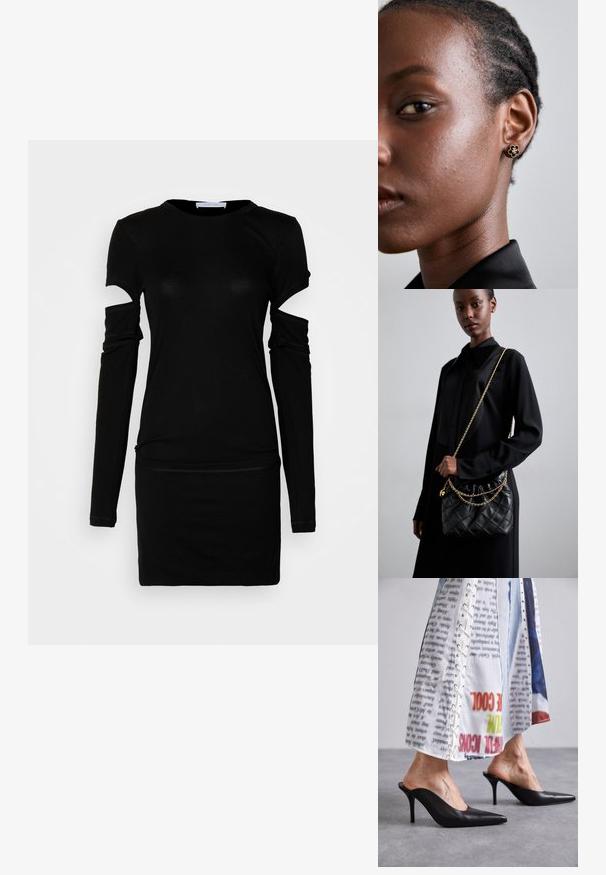 Helmut Lang - Sukienka z dżerseju; Czarne skórzane mule z ostrym noskiem i obcasem typu stiletto, w połączeniu z białym odzieżem w wzory z detalami typu lace-up.; Czarna pikowana skórzana torebka z marszczonym topem, złotym łańcuchem oraz prostokątnym kształtem, trzymana na jednolitym tle.; Złote kolczyki w kształcie kwiatu posiadają teksturowane czarne centrum i delikatne detale. Skóra modelki o przejrzystej cerze oraz splecione włosy są widoczne w profilu.