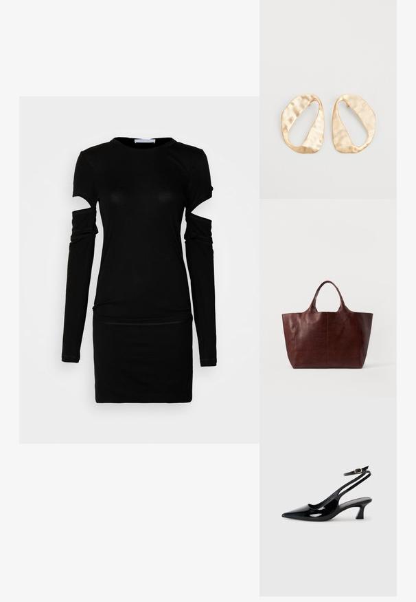 Helmut Lang SLASH DRESS - Trikoomekko - black; Musta kiiltonahkainen slingback-korkokenkä, jossa on terävä kärki, matala loivakiilakorko ja säädettävä nilkkahihna, jossa on kultainen solki.; Ruskea nahkainen olkalaukku, jossa on sileä pinta, leveä muotoilu ja kaksi lyhyttä kahvaa. Ominaisuuksiin kuuluu minimaalinen ompelu, ei näkyvää metalliosaa tai koriste-elementtejä.; Pari epämuodostuneita soikeita kultasävyisiä metallikorvakoruja, joissa on teksturoitu, hieman hakattu pinta valkoista taustaa vasten.