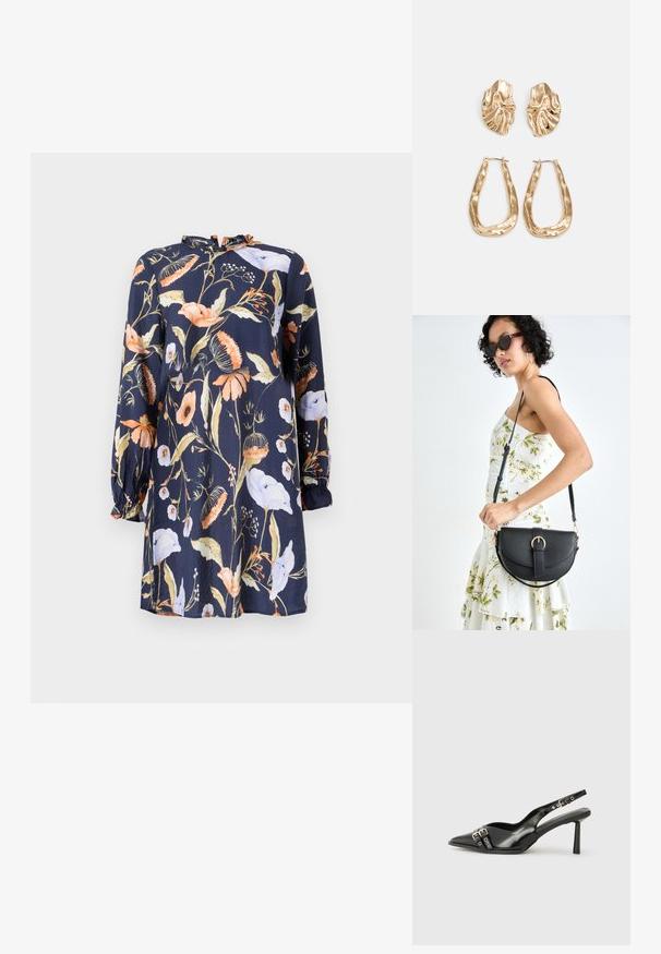 Vestido floral em tecido azul-marinho com decote redondo. Possui mangas longas com punhos elásticos, adornadas com padrões de flores laranja e brancas.; Sapato slingback preto em pele patentada com bico apontado, tiras no tornozelo apresentando fivelas e acessórios prateados, e um salto elegante.; Bolsa de couro preta com forma curva, alça destacável e detalhes em dourado. A bolsa possui uma aba com detalhe de fivela.; Brincos em tom de ouro com formas onduladas e texturizadas. Inclui studs escultóricos com presilha e um design de argola aberta com um acabamento martelado.