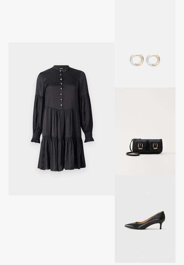 Robe noire avec un col haut, un devant boutonné et de longues manches bouffantes. Elle présente une jupe à volants et des boutons ornés de formes d'étoiles et de cœurs.; Pompe noire en cuir avec un embout pointu, un petit talon et une texture lisse. Présente une légère ouverture à l'avant et un matériel minimal à l'arrière.; Sac en cuir noir porté en travers avec deux poches avant, boucles dorées, fermeture zippée et une sangle fine. Surface texturée et forme rectangulaire compacte.; Boucles d'oreilles créoles en or et en argent avec une finition métallique mélangée, présentant un design courbé lisse et une fermeture sans couture.