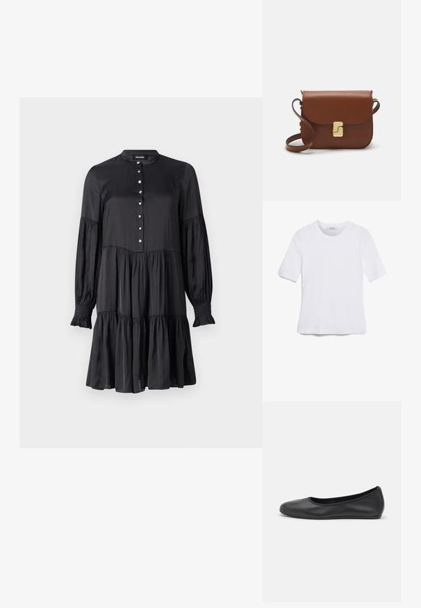 Schwarzes Kleid mit hohem Kragen, geknöpftem Vorderteil und langen Puffärmeln. Verfügt über einen gestuften Rock und verziert mit Knöpfen in Stern- und Herzform.; Weißes kurzärmliges T-Shirt aus geripptem Stoff. Runder Halsausschnitt, normale Passform und dezente Nähte. Keine Muster oder Grafiken.; Schwarze Leder-Ballettschuhe mit abgerundeter Spitze, glatter Textur, minimalen Nähdetails und einem flexiblen Sohlen-Design.; Braune Ledertasche mit Klappenverschluss, Beschlägen in Goldfarbe, einem Schultergurt und einer glatten Oberfläche. Kompakte rechteckige Form.