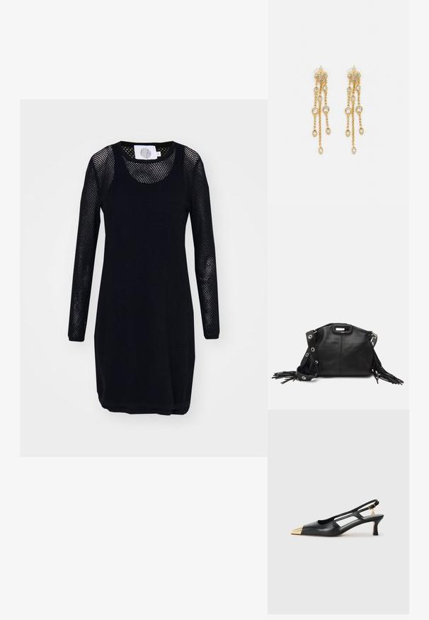 Svart meshkjole med lange ermer, dyp utringning og teksturert overflate. Har en enkel silhuett og ribbet kant.; Svarte skinn slingback-sko med spiss tå og gullmetallhette. Har utskjæringsdesign og en slank hæl med justerbar stropp.; Maje MISS MINI - Skulderveske - noir; Gullfargede øreringer med flere hengende kjeder, med klare ovale rhinestein aksenter og dekorative stud-topper.