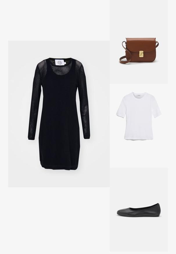 Μαύρο πλεκτό φόρεμα με μακριά μανίκια, στρογγυλή λαιμόκοψη και υφή επιφάνειας. Διαθέτει απλή σιλουέτα και ριμπ ύφανση στο τελείωμα.; Άσπρο κοντομάνικο μπλουζάκι φτιαγμένο από ριγέ ύφασμα. Στρογγυλή λαιμόκοψη, κανονική εφαρμογή και διακριτές λεπτομέρειες ραφής. Χωρίς σχέδια ή γραφικά.; Μαύρο δερμάτινο μπαλαρίνι με στρογγυλή μύτη, λεία υφή, ελάχιστες λεπτομέρειες ραφής και σχεδίαση ευέλικτης σόλας.; Καφέ δερμάτινη τσάντα χειρός με κλείσιμο καπάκι, χρυσές λεπτομέρειες, ιμάντα ώμου και λεία υφή. Συμπαγές ορθογώνιο σχήμα.