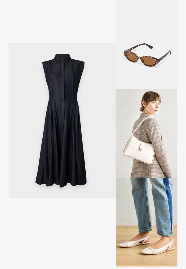 Jeansowa sukienka bez rękawów, ciemnoniebieska, z zapięciem na guziki, z wyraźnym kołnierzykiem, rozkloszowany dół z plisami, gładka tekstura, długość powyżej kostek.; Jasnoróżowe baleriny na odkrytej pięcie z wąskim noskiem, wykonane z gładkiego materiału imitującego skórę. Posiadają wycięcia po bokach oraz płaski obcas.; Okulary przeciwsłoneczne w kolorze tortoise z owalnymi soczewkami, brązowymi w odcieniu, cienkimi ramionami z teksturowanym wzorem, lekką plastikową oprawką.; Biała skórzana torebka o strukturalnym wzorze, z magnetycznym zapięciem i paskiem na ramię, zaprezentowana na neutralnym tle.