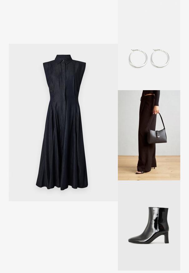 Denim obleka brez rokavov, temno modra, z gumbi spredaj, s koničastim ovratnikom, razširjen krilo s pliseji, gladka tekstura, dolžina nad gležnji.; Črne lakirane gležnjarje z ošiljenim nosom in srednje visokim blokastim peto. Gladka tekstura in minimalističen dizajn.; Črna torbica z strukturirano obliko, gladko teksturo in kovinskim zaponko. Ujemajo se z širokimi črnimi hlačami in odprtimi sandali na lesenem tleh.; Srebrni obroči za ušesa imajo gladko, zaobljeno obliko z tankim profilom in varnim zapiranjem. Minimalističen stil z sijočo površino.