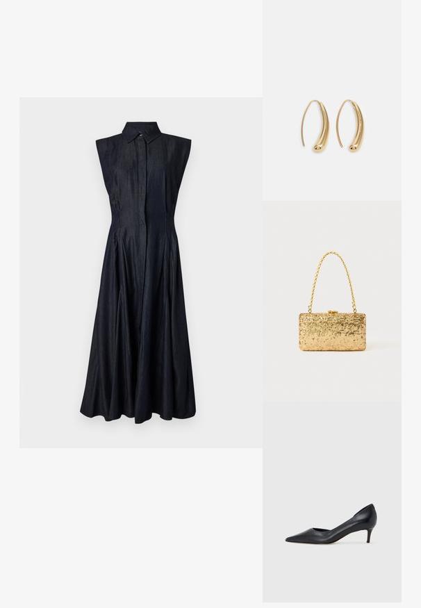 Denim bešvarkas, tamsiai mėlynas, mygtukų užsegimas priekyje, taškiškas apykaklė, plačios sijono klostės, lygi tekstūra, virš kulkšnies ilgio.; Juodi odiniai aukštakulniai su smailiu priekeliu ir žemu kulnu. Turi lygią tekstūrą ir subtilų blizgesį. Priekyje yra atvira anga, suteikianti papildomo detalių.; Auksinė blizgučių rankinė, stačiakampio formos, su susuktos grandinėlės rankena ir metaliniu užsegimu, atspindinti šviesą su tekstūruotu paviršiumi.; Auksinės metalinės auskarų kabės su lenktą, pailgą forma. Turi lygų, blizgantį paviršių ir užapvalintą galiuką papildomam akcentui.