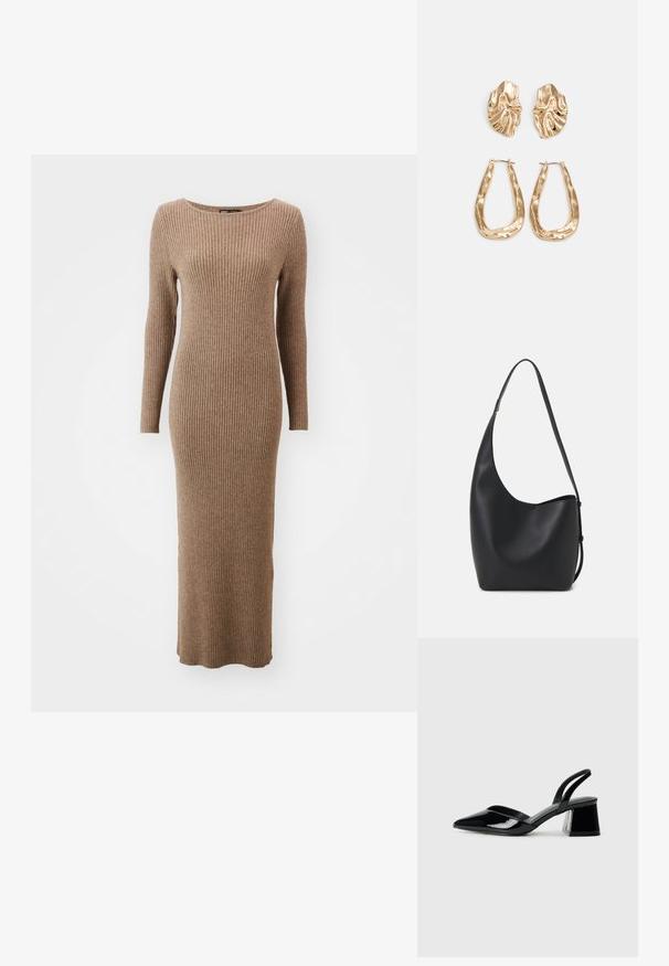 Ribované šaty s dlouhým rukávem v teplé hnědé barvě, s kulatým výstřihem a přiléhavým střihem, který sahá až k kotníkům.; Černé lakované kožené lodičky na pásku s špičatou špičkou a geometrickým blokovým podpatkem. Vyznačují se elegantním, minimalistickým designem a hladkým povrchem.; Černá kožená hobo taška s hladkým povrchem, zakřiveným tvarem a jedním nastavitelným popruhem; má široké otevírání nahoře.; Náušnice ve zlatém tónu s texturovanými, vlnitými tvary. Obsahují sochařské klipy a design otevřeného kruhu s kladivkovým povrchem.