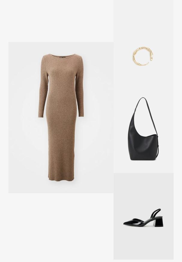 Långärmad ribbad klänning i en varm brun färg, med rund halsringning och en figurnära design som sträcker sig ner till anklarna.; Svarta lackläder slingback klackar med spetsig tå och geometrisk klack. Har en elegant, minimalistisk design och slät yta.; Svart läder hobo-väska med en slät textur, kurvig form och en justerbar axelrem; har en bred öppning upptill.; Ring i guldutförande med en organisk, vriden design, slät yta och avsmalnande ändar, vilket ger ett modernt, skulpturalt utseende.