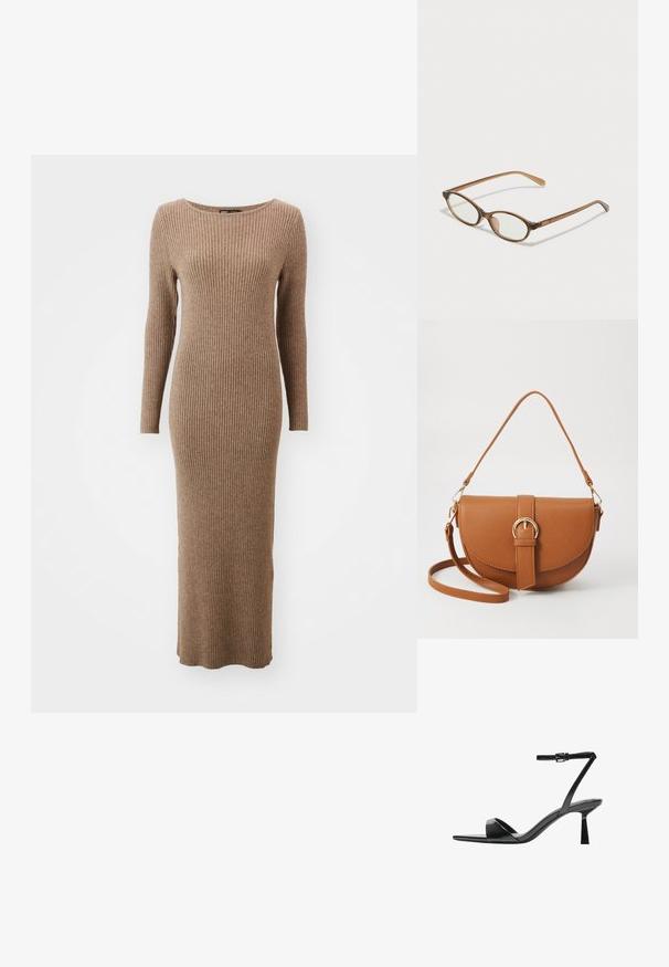 Dlhý pletený šaty v teplej hnedej farbe, s okrúhlym výstrihom a priliehajúcim strihom, ktorý siaha po členky.; Bershka Sandále na vysokom opätku - black; Hnedé želvovinové okuliare s oválnymi sklíčkami, tenkými ramenami a priesvitnými akcentmi. Obsahujú jemný logo na stranici. Štýlový, ľahký dizajn.; Hnedá kožená kabelka cez telo s zakriveným tvarom, zlatými kovovými doplnkami a akcentom s prackou. Obsahuje odnímateľný ramenný popruh.