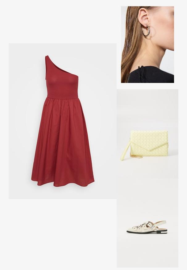 Raudona su viena petneša suknelė su prigludusia liemene ir platėjančia sijonu, pagaminta iš lygaus audinio, turinti susiraukšlėtą juosmenį.; Balno sandalai, pagaminti iš baltos odos, su keliais plačiais diržais ir sidabro spalvos sagtimis; plokščias padas su mažu juodu kulniuku ir metaliniais akcentais.; Geltona audinė piniginė su užsegimu, nuimamą rankinę juostą ir auksinį akcentą. Lygi tekstūra ir stačiakampis forma.; Sidabrinė lankinė auskarai su poliruotu paviršiumi, turintys mažus auksinius akcentus ir apvalią formą, dėvimi ant ausies kaušelio.