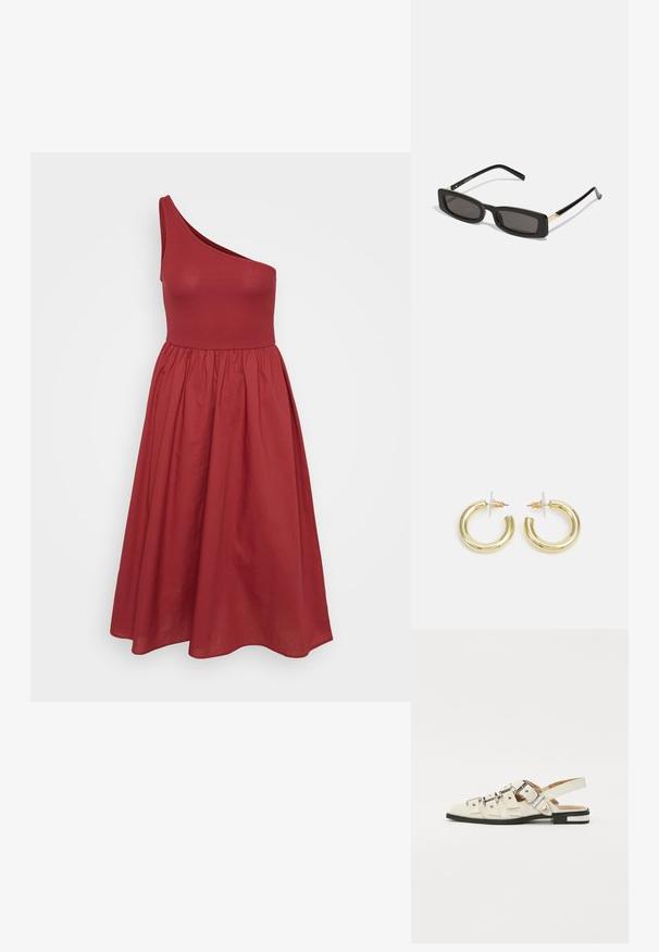 Rochie roșie cu un umăr, cu un bodice ajustat și o fustă evazată, realizată dintr-un material neted, având o talie plisată.; Sandale slingback din piele albă cu multiple curele late și catarame argintii; talpă plată cu un mic toc negru și accente metalice.; Ochelari de soare rectangulari negri cu lentile întunecate, rame din plastic lucios și accente aurii pe tample. Design minimalist și formă elegantă.; Cercei cercuri din aur cu un finisaj neted și strălucitor. Design circular cu un mic suport și un spate transparent pentru o purtare sigură.