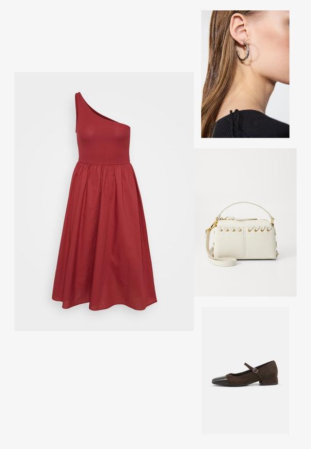 Rochie roșie cu un umăr, cu un bodice ajustat și o fustă evazată, realizată dintr-un material neted, având o talie plisată.; Pantofii Mary Jane din suede maro cu vârf din piele patentă neagră, curea ajustabilă și tocul jos în formă de bloc. Textură netedă cu accente minime.; Geantă din piele vegană albă, cu fermoar superior, mână scurtă și un bretele removabilă pentru umăr, cu accesorii aurii. Detaliu cu șnur lateral.; Cercel din argint cu un finisaj polișat, având detalii mici din aur și o formă rotundă, purtat pe lobul urechii.