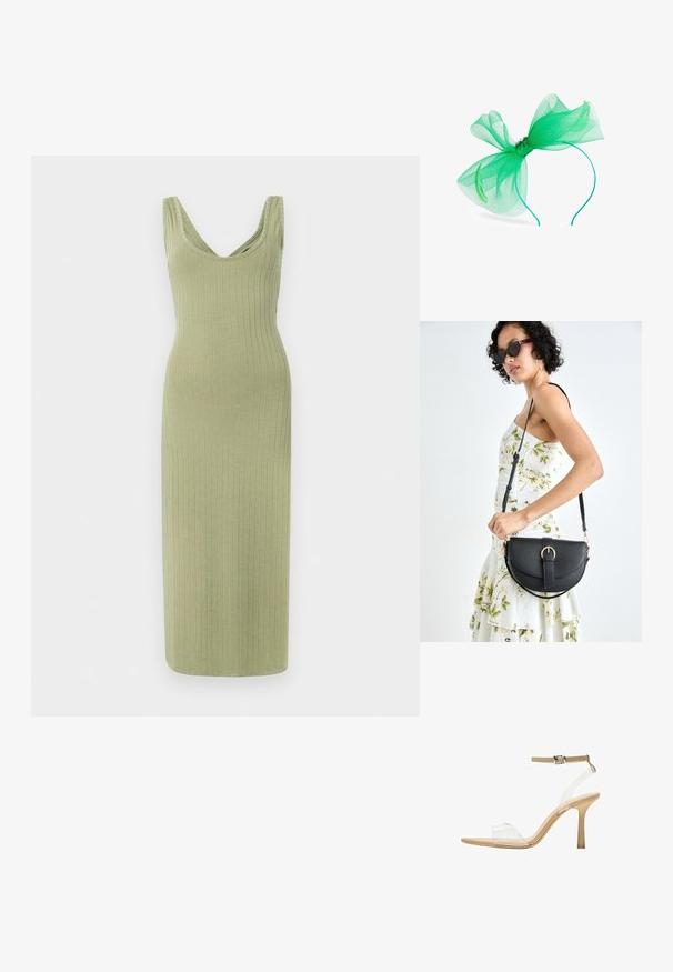 Žebrované, dlhé, olivovo zelené šaty s výstrihom do V a širokými ramienkami, majú priliehavý strih a jemnú textúru.; Priehľadné sandále na vysokom podpätku s transparentným zvrškom, béžovou stielkou a štíhlym remienkom na členku. Majú špicatú špičku a tenký vysoký podpätok.; Čierna kožená kabelka s zaobleným tvarom, odnímateľným popruhom a zlatými doplnkami. Kabelka má klopu s detailom s prackou.; Next FASCINATOR HEADBAND - Doplnky na úpravu účesu - green