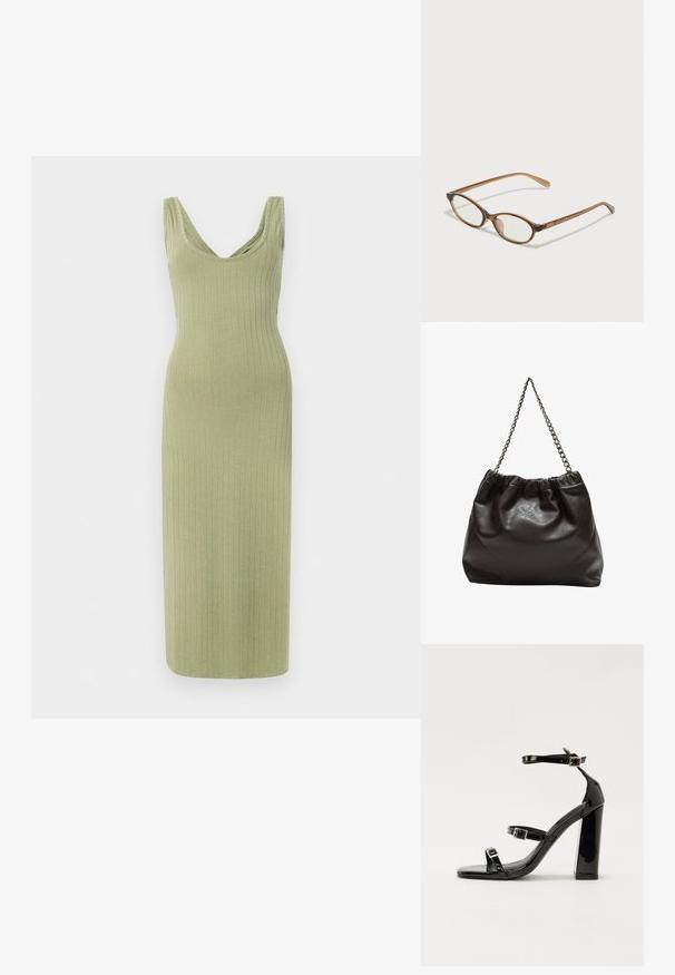 Ribbed, pitkä, oliivinvihreä mekko V-pääntiellä ja leveillä olkaimilla, jolla on istuva malli ja pehmeä rakenne.; Musta kiiltävä korkokenkä sandaalit neliönmuotoisella varpaalla, nilkkaremmillä ja hopeisilla soljilla. Varustettu tukevalla lohkokorkealla vakauden takaamiseksi.; Ruskeat kilpikonnaruutulasiset silmälasit, joissa ovaalit linssit, ohuet varret ja läpinäkyvät yksityiskohdat. Temppeleissä on huomaamaton logo. Suunnittelultaan suora ja kevyt.; Ruskea nahkainen laukku, jossa on kerätty yläosa ja ketjuhihna. Tasainen pinta, jossa kiiltävä viimeistely ja hienovaraiset sauman yksityiskohdat sivuilla.