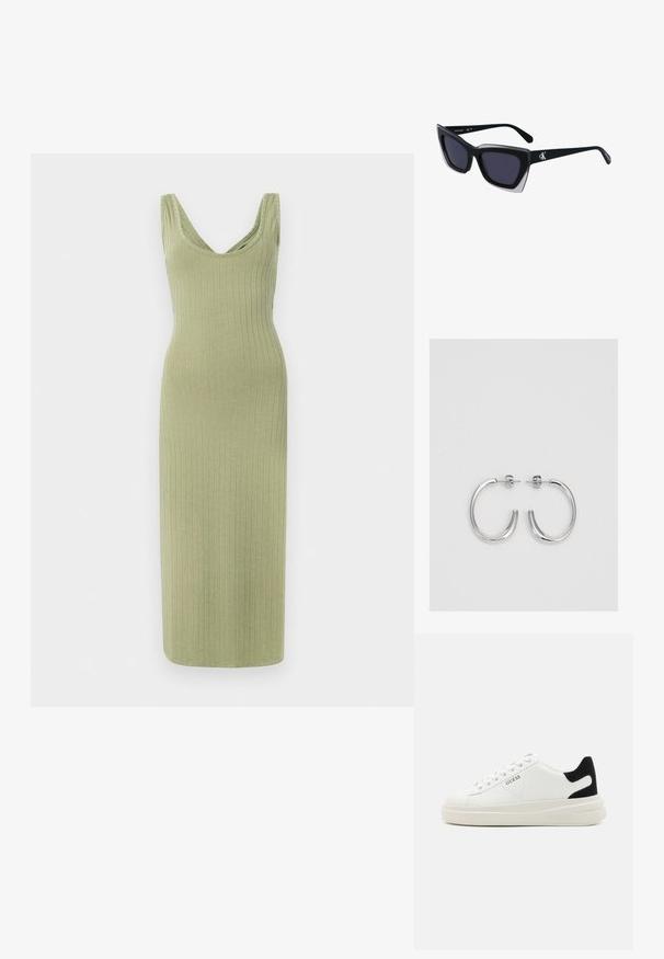 Robe longue rayée, verte olive, avec un décolleté en V et de larges bretelles, présentant une silhouette ajustée et une texture douce.; Baskets en cuir blanc avec une épaisse semelle blanche, un accent en daim noir au niveau du talon et un logo embossé sur le côté. Design à lacets avec six œillets.; Lunettes de soleil noires surdimensionnées avec une forme géométrique, dotées de verres foncés et d'un détail gris contrastant sur la monture. Logo sur la branche.; Boucles d'oreilles en argent avec une finition lisse et brillante. Forme arrondie, conception légère, avec un fermoir à tige.