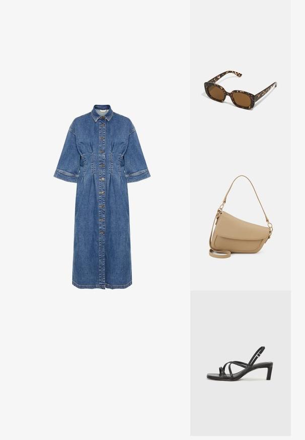 Denima krekla kleita ar apkakles dekoltē, īsām piedurknēm, pogu priekšpusi un jostas akcentiem. Izgatavota gaiši zila krāsā ar toņu šuvēm.; Melnas strappy sandales ar kvadrātveida purngaliem un zemu bloku papēdi. Ievērojamas ar vairākiem plāniem siksniņām un regulējamu potītes siksniņu. Izgatavotas no gludas ādas.; Tērpu apvalka saulesbrilles ar noapaļotu, masīvāku rāmi un brūnām lēcām. Satur smalkas rakstības un taisnas, sašaurinātas kājas.; Even&Odd Rokassoma - beige