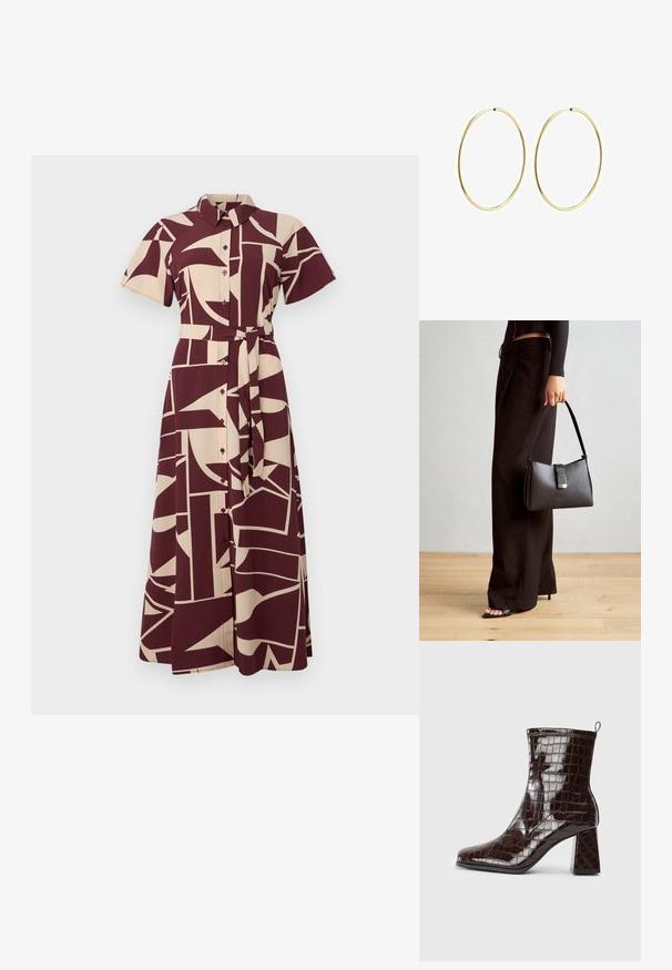 Burgunderfarbenes und beiges gemustertes Hemdkleid mit kurzen Ärmeln, Kragen, durchgehender Knopfleiste und Taillengurt, das geometrische Formen und Linien zeigt.; Dunkelbraune Lackleder-Ankle Boots mit Krokodillederstruktur, Blockabsatz und Zuglasche hinten vor weißem Hintergrund.; Schwarze Handtasche mit strukturierter Form, glatter Textur und einem metallischen Verschluss. Kombiniert mit weiten schwarzen Hosen und offenen Sandalen auf einem Holzboden.; Goldene Creolen mit einem glatten, runden Design. Dünn und leicht, mit einem durchgehenden Ring ohne Verzierung.