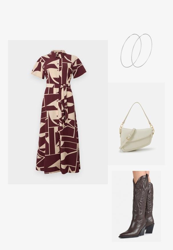 Srajčna obleka v burgundski in bež barvi z vzorci, kratkimi rokavi, ovratnikom, gumbnim zapenjanjem in pasom, ki vsebuje geometrijske oblike in linije.; Rjave usnjene kavbojske čevlje z ostrim nosom in blok peto, ki vsebujejo podrobno šivanje in dvignjene dodatke na zgornjem delu.; Mala kremna torbica z teksturiranim zaključkom, dolgim nastavljivim trakom, verižnim poudarkom in zapiranjem na poklop. Detajli iz zlatega kovinskega materiala.; Srebrne uhane v obliki obroča z minimalističnim dizajnom. Krožna oblika, gladka tekstura in tanek profil. Lahki s poliranim zaključkom.