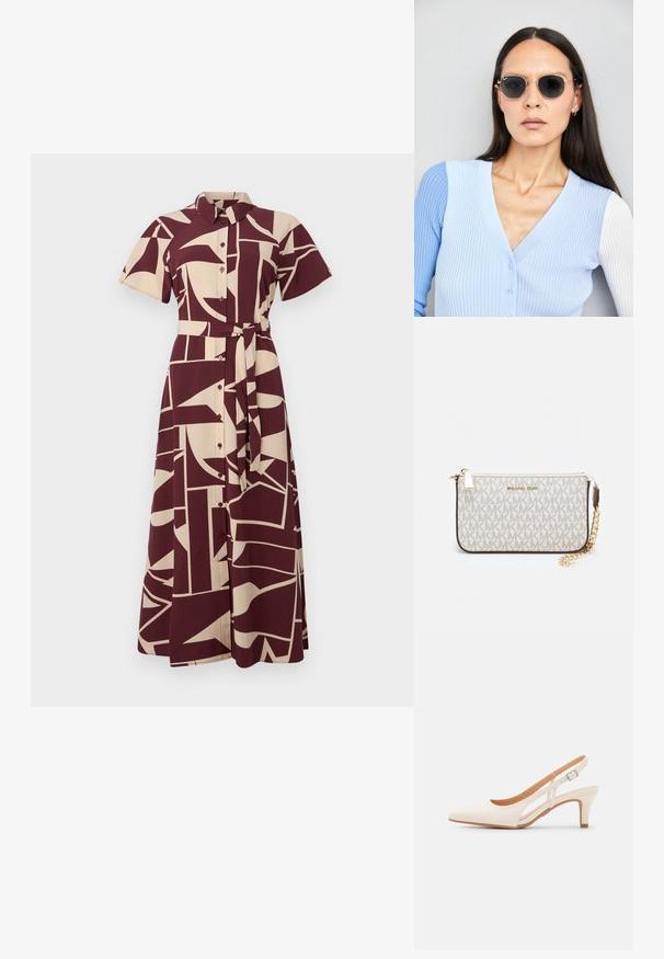 Vīna sarkanas un bežīgas krāsas rakstainas krekla kleitas ar īsām piedurknēm, apkakli, pogām priekšpusē un jostu, kurā ir ģeometriskas formas un līnijas.; Baltas siksniņveida papēdis ar smailu purngalu, gludu augšējo materiālu, zemu blokpapēdi un sānu izgriezumu dizainu ar regulējamu sprādzi.; Apaļas saulesbrilles ar tumšiem objektīviem un zeltītām rāmēm. Modelis valkā gaiši zilu, ribotu kardigānu ar pogām un kontrastējošām baltām piedurknēm.; Michaela Korsa rokassomi bez̦ā īšojuma, kas izgatavota no apklāta kanvas, iekļaujot atkārtotu MK logotipa rakstu, zelta aparatūru un noņemamu ķēdes siksnu.