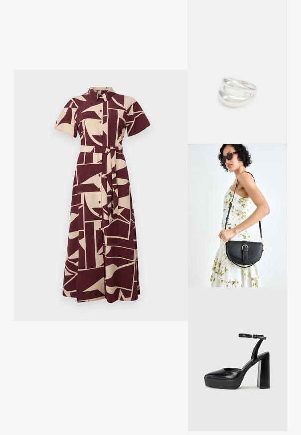 Abito camicia a maniche corte in bordeaux e beige con motivo, colletto, chiusura con bottoni e cintura in vita, caratterizzato da forme geometriche e linee.; Tacchi a piattaforma neri con punta appuntita e cinturino regolabile alla caviglia. Realizzati in pelle liscia, presentano un tacco a blocco spesso.; Borsa a tracolla nera in pelle con una forma curva, manico rimovibile e accessori dorati. La borsa presenta una patta con un dettaglio a fibbia.; Anello doppio in argento con superficie liscia e lucida. Presenta un design fluido e curvo con sezioni sovrapposte per un aspetto moderno.
