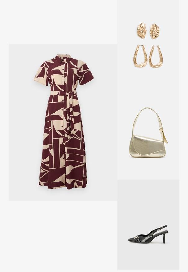 Mønstret skjortekjole i bordeaux og beige med korte ærmer, krave, knaplukning foran og bælte i taljen, der har geometriske former og linjer.; Sorte patenterede læderslagback sko med spids tå, ankleremme med sølvspænder og hardware samt en slank hæl.; Guldmetallisk håndtaske med et struktureret design, glat tekstur og justerbar rem. Har en unik trekantet form og minimalistisk syning.; Guldtonede øreringe med teksturerede, bølgede former. Inkluderer skulpturelle clips og en åben ringdesign med en hamret finish.