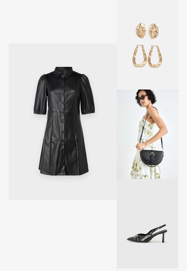 Vestido de couro preto com colarinho de camisa, mangas curtas em balão e fecho frontal com botões. Textura suave com silhueta rodada.; Sapato slingback preto em pele patentada com bico apontado, tiras no tornozelo apresentando fivelas e acessórios prateados, e um salto elegante.; Bolsa de couro preta com forma curva, alça destacável e detalhes em dourado. A bolsa possui uma aba com detalhe de fivela.; Brincos em tom de ouro com formas onduladas e texturizadas. Inclui studs escultóricos com presilha e um design de argola aberta com um acabamento martelado.