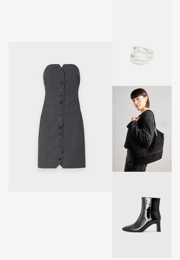 Siva haljina bez naramenica s prilagođenim siluetom, koja ima prednje zatvaranje na gumbi i V-izrez. Glatka tekstura, krojeni materijal.; Crne lakirane kožne gležnjače s šiljastim prstom i srednje visokom blok petom. Glatka tekstura i minimalistički dizajn.; Crna suede torba s glatkom teksturom, strukturiranim oblikom i kontrastnim šavovima. Ima duge trake za nošenje preko ramena.; Srebrna dvostruka prsten s glatkom, poliranom površinom. Karakterizira ga fluidan, zakrivljen dizajn s preklapajućim sekcijama za moderan izgled.