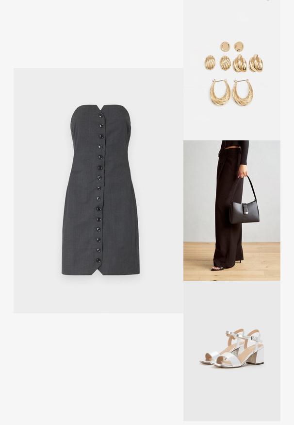 Pilkas su petnešomis nesportinis suknelė, su prigludusia siluetu, turinti priekinį mygtukų užsegimą ir V formos iškirptę. Lygus tekstūra, pritaikyta medžiaga.; Sidabrinės aukštakulnės šlepetės su atviromis pirštinėmis, turinčios dvi plačias juostas ir suapvalintą bloko kulną. Lygus paviršius su metalizuotu apdaila.; Juodas rankinė struktūrizuota forma, lygi tekstūra ir metalinis užsegimas. Suporuota su plačiomis juodomis kelnėmis ir atvirais bateliais ant medinių grindų.; Aukso tonų auskarų rinkinys, kuriame yra trys poros: tekstūruoti ovalūs auskarai, bangos formos auskarai ir dideli hoops auskarai su sluoksniuotomis briaunomis.
