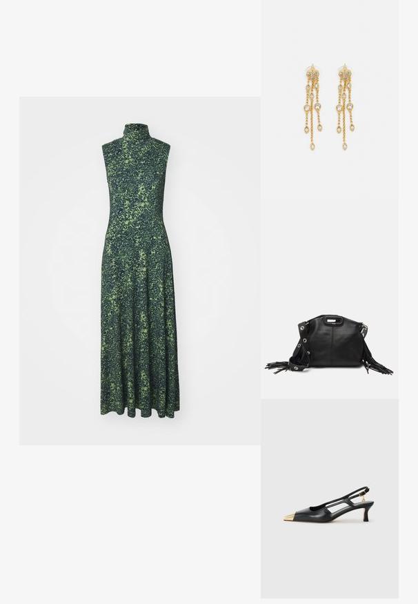 Proenza Schouler White Label JAMIE DRESS IN SHADOW - Trikoomekko - multi-coloured/dark blue/olive; Mustat nahkaiset slingback-kengät, joissa on terävä kärki ja kultainen metallikärki. Ominaisuuksiin kuuluu leikattu muotoilu ja hoikka korko, joka on säädettävällä hihnalla.; Maje MISS MINI - Olkalaukku - noir; Kultaketjua roikkuvat korvakorut, joissa on useita putoavia ketjuja, ja selkeitä ovaaleja rhinestone-akselteja sekä koristeelliset niittitoppaukset.