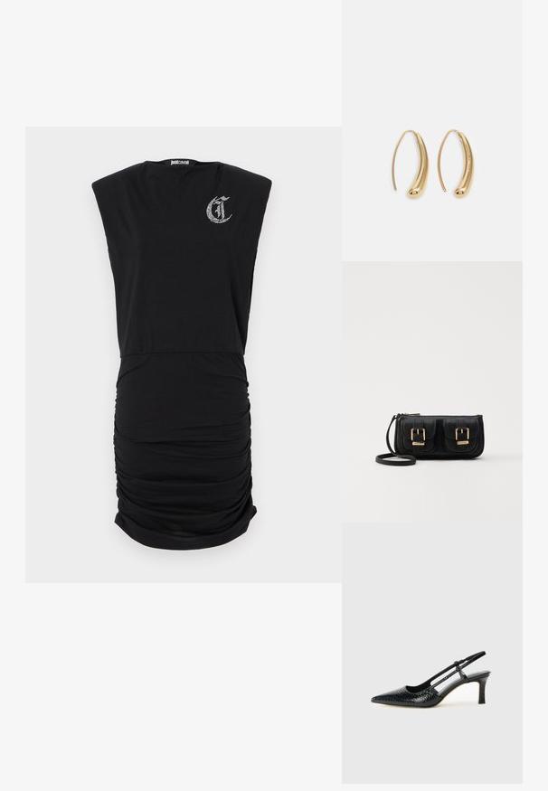 Čierne šaty s priliehavým strihom, s krátkymi rukávmi a zberanými detailami na boku. Vyznačujú sa malým logom z kamienkov na hrudi.; Čierne patentové slingback topánky na ihlovom podpätku s špicatou špičkou, s textúrovaným hadím vzorom, nastaviteľným popruhom a krátkym, textúrovaným blokovým podpätkom.; Čierna kožená crossbody taška s dvoma prednými vreckami, zlatými sponami, zipsovým uzatváraním a úzkym popruhom. Štruktúrovaný povrch a kompaktný obdĺžnikový tvar.; Náušnice vo forme zlatých kovových kruhov s zakriveným, predĺženým tvarom. Majú hladký, lesklý povrch a zaoblený koniec pre pridanie detailu.