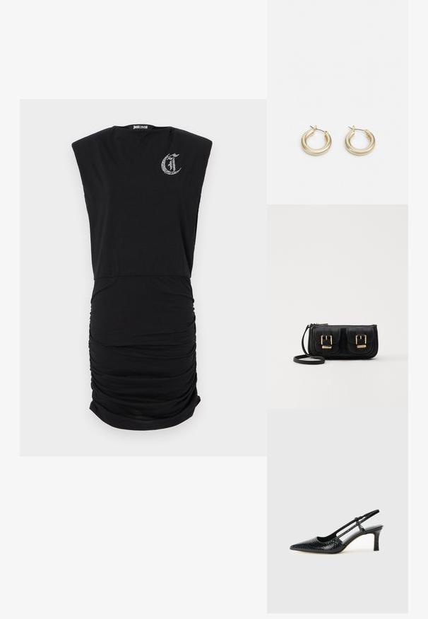 Černé šaty s přiléhavým střihem, krátkými rukávy a nařasenými bočními detaily. Na hrudi se nachází malé logo z rhinestones.; Černé lakované slingback podpatky s špičatou špičkou, zdobené texturovaným hadím vzorem, nastavovacím páskem a krátkým texturovaným blokovým podpatkem.; Černá kožená crossbody taška se dvěma předními kapsami, zlatými přezkami, zipovým uzávěrem a štíhlým popruhem. Texturovaný povrch a kompaktní obdélníkový tvar.; Lauren Ralph Lauren BASIC SMALL HOOP - Náušnice - gold-coloured