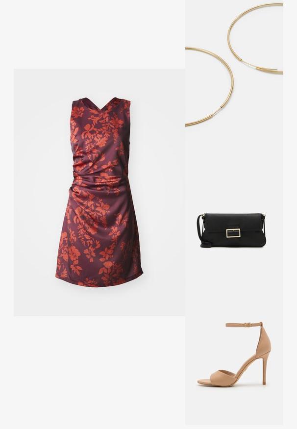 Brezrokav obleka v globoki burgundski satenu, ki ima cvetlični vzorec v odtenkih rdeče. V-izrez s gubanjem na pasu.; ALDO CRERIDE PILLOW WALK - Sandali - beige; Črna usnjena torbica na preklop z zlato kovinsko zaponko. Vključuje črn trak in eleganten, minimalističen dizajn.; Zlate obroče ušesne uhane, tanke in krožne oblike, z gladko kovinsko površino brez okrasnih elementov ali vzorcev.