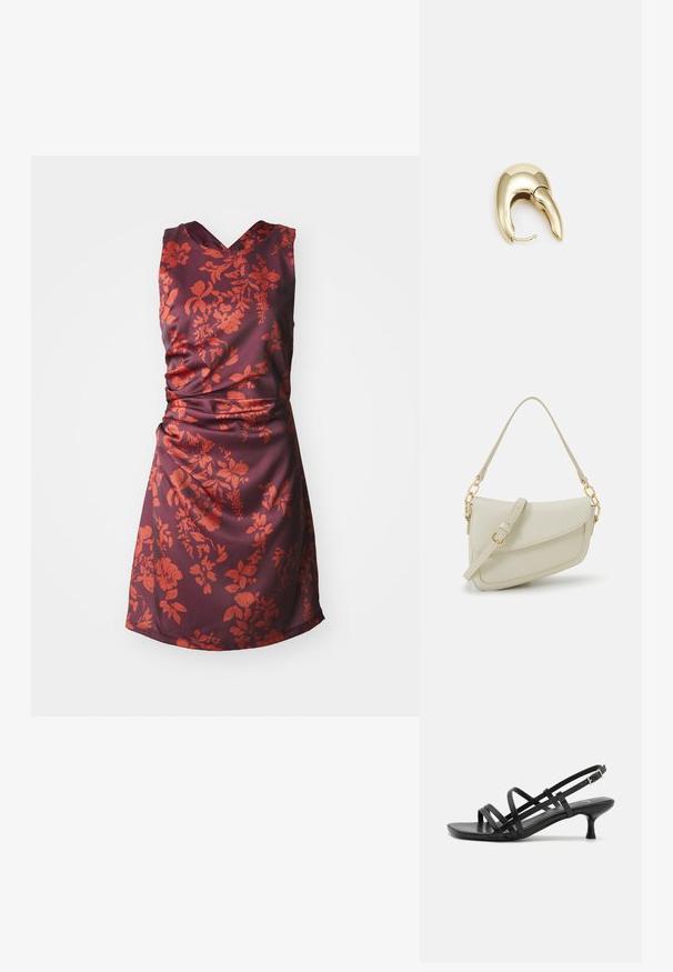 Αμάνικο φόρεμα σε βαθύ μπορντό σατέν, με λουλουδένιο μοτίβο σε αποχρώσεις του κόκκινου. Βαθύ ντεκολτέ με ραφές στη μέση.; Μαύρες ψηλοτάκουνες σάντλας με πολλαπλές διασταυρούμενες λωρίδες. Λείο υλικό, μυτερή μύτη και στενός τακούνι. Ρυθμιζόμενη λωρίδα στον αστράγαλο με αγκράφα.; Μικρή κρέμα τσάντα χεριού με υφή, μακριά ρυθμιζόμενη λουρί, αλυσίδα ως διακόσμηση και κλείσιμο με καπάκι. Χρυσές λεπτομέρειες.; Χρυσόχρωμο μέταλλο σκουλαρίκι με κομψό, καμπυλωτό σχέδιο. Διαθέτει χαρακτηριστικό μυτερό σχήμα, γυαλιστερή επιφάνεια και κλείσιμο με μεντεσέ.